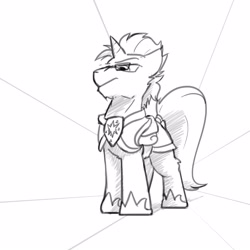 Size: 3000x3000 | Tagged: safe, artist:captainhoers, oc, oc only, pony, unicorn, glasses, grayscale, guard armor, high res, low angle, male, monochrome, royal guard, simple background, solo, stallion, white background