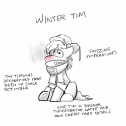 Size: 3000x3000 | Tagged: safe, artist:captainhoers, oc, oc only, oc:tim, earth pony, pony, breath, clothes, cold, grayscale, hat, high res, male, monochrome, name tag, partial color, red nosed, scarf, sitting, solo, stallion, text, winter
