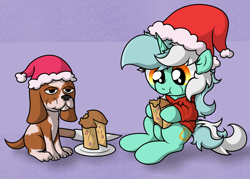 Size: 2804x2010 | Tagged: safe, artist:background basset, lyra heartstrings, basset hound, dog, earth pony, pony, unicorn, g4, christmas, clothes, eating, female, food, fruit cake, hat, high res, holiday, hoodie, knife, mare, santa hat, simple background