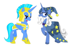 Size: 2580x1599 | Tagged: safe, artist:longplex, artist:uranus98, oc, oc only, oc:neptune star, oc:uranus star, annoyed, armor, body armor, clothed ponies, concave belly, duo, furrowed brow, helmet, hoof shoes, horn, long horn, open mouth, princess shoes, raised hoof, raised leg, simple background, slender, standing, thin, transparent background