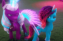 Size: 1634x1068 | Tagged: safe, screencap, misty brightdawn, opaline arcana, alicorn, pony, unicorn, g5, my little pony: make your mark, my little pony: make your mark chapter 6, roots of all evil, spoiler:g5, spoiler:my little pony: make your mark, spoiler:my little pony: make your mark chapter 6, spoiler:mymc06e03, animated, cornrows, cute, disgusted, duo, female, freckles, gif, glowing, glowing horn, glowing wings, horn, mare, mistybetes, peytral, rebirth misty, shoving, spread wings, unamused, upset, wings