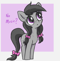 Size: 2000x2050 | Tagged: safe, artist:t72b, symphonia melody, earth pony, pony, g4, :<, bow, cute, female, filly, foal, hair bow, high res, looking up, meme, no bitches?, not octavia, pigtails, sad, sadorable, simple background, solo, symphonibetes, tail, tail bow, teary eyes, younger