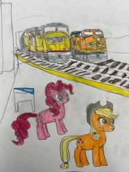 Size: 4032x3024 | Tagged: safe, artist:alanrailfannergamer, applejack, pinkie pie, earth pony, pony, g4, bnsf, diesel train, drawing, female, locomotive, traditional art, train, train tracks, union pacific