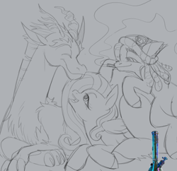 Size: 740x715 | Tagged: safe, artist:kash, discord, fluttershy, tree hugger, draconequus, earth pony, pegasus, pony, g4, blunt, bong, crossed legs, drug use, drugs, eyes closed, female, grayscale, high, looking at each other, looking at someone, lying down, male, marijuana, monochrome, open mouth, sketch, smoking, stoned, trio, wip