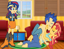 Size: 1698x1298 | Tagged: safe, artist:wildrose17, flash sentry, sunset shimmer, equestria girls, g4, backpack, barefoot, boots, clothes, feet, female, jacket, male, offspring, pants, parent:flash sentry, parent:sunset shimmer, parents:flashimmer, partial nudity, ship:flashimmer, shipping, shirt, shoes, skirt, straight, topless