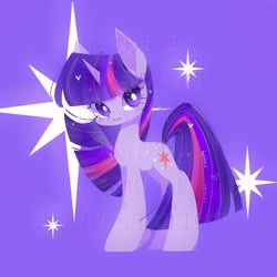 Size: 1920x1920 | Tagged: safe, artist:ksdt-2, twilight sparkle, pony, unicorn, g4, female, mare, obtrusive watermark, purple background, simple background, solo, standing, unicorn twilight, watermark