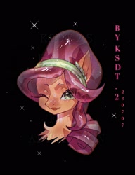 Size: 1659x2160 | Tagged: safe, artist:ksdt-2, crystal pony, earth pony, pony, bust, chest fluff, eye clipping through hair, eyebrows, eyebrows visible through hair, female, headband, mare, one eye closed, solo, tongue out, wink