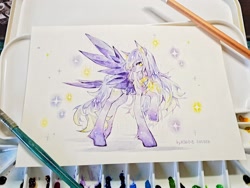 Size: 1920x1440 | Tagged: safe, artist:ksdt-2, oc, oc only, pegasus, pony, female, gradient hooves, hoof fluff, long legs, mare, raised hoof, solo, spread wings, traditional art, wings