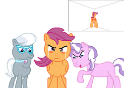 Size: 749x530 | Tagged: artist needed, safe, diamond tiara, scootaloo, silver spoon, pegasus, g4, /mlp/, blushing, corner, crying, embarrassed, female, humiliation, simple background, spank mark, spanked, spanking, white background