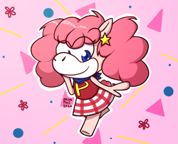 Size: 837x676 | Tagged: safe, artist:negaposi, fuwa fuwa, anthro, g1, 2020, abstract background, ascot, clothes, curly hair, female, looking at you, pink hair, plaid skirt, skirt, smiling, solo, takara pony, walking