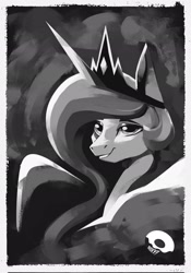 Size: 1434x2048 | Tagged: safe, artist:poxy_boxy, princess celestia, alicorn, pony, g4, black and white, bust, female, grayscale, mare, monochrome, smiling, solo