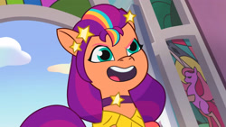 Size: 3072x1727 | Tagged: safe, screencap, sunny starscout, earth pony, pony, equestria's got talent, g5, my little pony: tell your tale, spoiler:g5, spoiler:my little pony: tell your tale, crystal brighthouse, eyebrows, female, mare, open mouth, open smile, raised eyebrow, smiling, solo