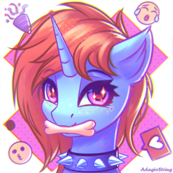 Size: 2000x2000 | Tagged: safe, artist:adagiostring, oc, oc only, pony, unicorn, bone, bust, color, colored, cute, female, high res, looking at you, mouth hold, portrait, simple background, smiling, solo, sparkles
