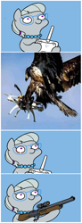 Size: 734x1990 | Tagged: safe, artist:darkdoomer, silver spoon, bird, eagle, earth pony, pony, g4, 4 panel comic, bloodshot eyes, blue background, comic, crying, drone, female, filly, flying, foal, glasses, gun, hoof hold, irl, jewelry, necklace, pearl necklace, photo, remote control, rifle, sad, scope, simple background, smiling, squatpony, weapon