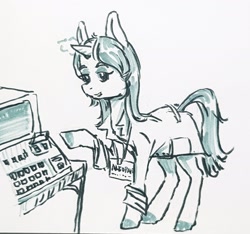 Size: 2361x2214 | Tagged: safe, artist:kovoranu, oc, oc only, pony, unicorn, computer, cyrillic, fanfic art, high res, laboratory, laboratory assistant, monochrome, russian, solo