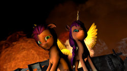 Size: 3840x2160 | Tagged: safe, artist:drixale, sunny starscout, alicorn, earth pony, pony, g5, 3d, antagonist, destruction, female, high res, race swap, sad, source filmmaker, sunnycorn