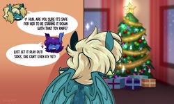 Size: 2048x1229 | Tagged: safe, artist:lrusu, oc, oc only, bat pony, pony, unicorn, bat pony oc, christmas, christmas tree, holiday, horn, present, tree, unicorn oc, window