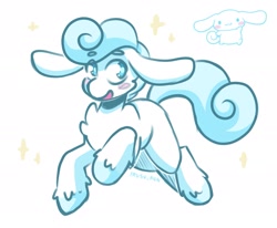 Size: 2033x1678 | Tagged: safe, artist:lrusu, oc, oc only, pony, big ears, blush sticker, blushing, chest fluff, cinnamoroll, colored hooves, cyan eyes, floppy ears, male, open mouth, ponified, sanrio, simple background, smiling, solo, sparkles, unshorn fetlocks, white background