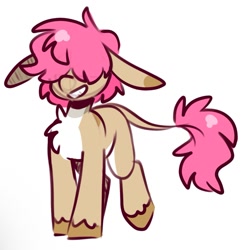 Size: 1185x1223 | Tagged: oc name needed, safe, artist:lrusu, oc, oc only, donkey, chest fluff, colored eartips, colored hooves, donkified, floppy ears, grin, hair over eyes, leonine tail, long ears, pale belly, raised hoof, simple background, smiling, solo, standing, tail, unshorn fetlocks, white background