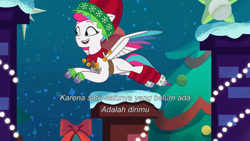 Size: 3072x1727 | Tagged: safe, screencap, zipp storm, pegasus, pony, equestria's got talent, g5, my little pony: tell your tale, spoiler:g5, spoiler:my little pony: tell your tale, spoiler:tyts01e69, female, flying, indonesian, mare, open mouth, open smile, smiling, solo, spread wings, subtitles, wings