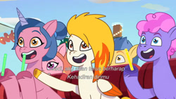 Size: 3072x1727 | Tagged: safe, screencap, flare (g5), lemon gear, plum library, strawberry blonde, sugarpuff lilac, earth pony, pegasus, pony, unicorn, equestria's got talent, g5, my little pony: tell your tale, spoiler:g5, spoiler:my little pony: tell your tale, spoiler:tyts01e69, female, indonesian, male, mare, open mouth, open smile, smiling, stallion, starry eyes, subtitles, wingding eyes