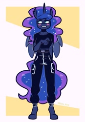 Size: 1423x2048 | Tagged: safe, artist:lrusu, princess luna, alicorn, anthro, unguligrade anthro, g4, blush sticker, blushing, clothes, ear piercing, earring, ethereal hair, ethereal mane, ethereal tail, female, front view, grin, jewelry, looking sideways, mare, midriff, pants, piercing, shirt, simple background, smiling, solo, sparkly mane, sparkly tail, standing, t-shirt, tail, white background, yellow background