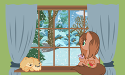 Size: 2500x1500 | Tagged: safe, artist:realgamerkitten, oc, oc only, oc:kathrine, dog, pegasus, pony, cup, female, forest, mare, nature, snow, snowfall, solo, teacup, tree