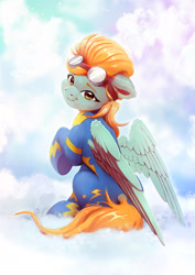 Size: 1873x2646 | Tagged: safe, artist:itssim, lightning dust, pegasus, pony, g4, clothes, cloud, colored eyebrows, cute, dustabetes, eyebrows, female, goggles, goggles on head, high res, looking at you, looking back, looking back at you, mare, on a cloud, outdoors, partially open wings, raised hoof, sitting, smiling, smiling at you, solo, turned head, uniform, wings, wonderbolts uniform