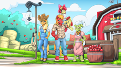 Size: 2560x1440 | Tagged: safe, artist:mysticalpha, apple bloom, applejack, big macintosh, granny smith, earth pony, anthro, unguligrade anthro, g4, apple, apple family, apple siblings, apple sisters, barn, barrel, brother and sister, clothes, female, food, hay bale, lantern, male, overalls, plaid shirt, shirt, shoulder carry, shoulder ride, siblings, signature, sisters, sweet apple acres