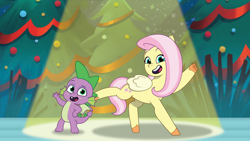 Size: 2400x1350 | Tagged: safe, artist:prixy05, fluttershy, spike, dragon, pegasus, pony, equestria's got talent, g4, g5, my little pony: tell your tale, christmas, christmas tree, dancing, duo, duo male and female, female, g4 to g5, generation leap, holiday, i can't believe it's not hasbro studios, male, mare, smiling, spotlight, tree