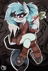 Size: 2455x3615 | Tagged: safe, artist:nevobaster, oc, oc only, oc:whispy slippers, earth pony, pony, abstract background, alcohol, clothes, coat, cocktail, crossed legs, cute, don't starve, drink, eyelashes, fur coat, glasses, high res, looking at you, ponified, ponytail, sitting, slippers, smiling, smug, socks