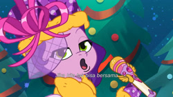 Size: 3072x1727 | Tagged: safe, screencap, pipp petals, pegasus, pony, equestria's got talent, g5, my little pony: tell your tale, spoiler:g5, spoiler:my little pony: tell your tale, spoiler:tyts01e69, :o, adorapipp, cute, female, indonesian, mare, microphone, open mouth, solo, subtitles