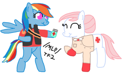 Size: 2029x1310 | Tagged: safe, nurse redheart, rainbow dash, earth pony, pegasus, pony, g4, /mlp/ tf2 general, bipedal, female, health pack, heavy weapons guy, medic, medic (tf2), simple background, smiling, team fortress 2, white background