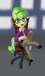 Size: 750x1250 | Tagged: artist needed, safe, chickadee, ms. peachbottom, earth pony, pony, g4, /mlp/ tf2 general, button-up shirt, chair, clipboard, clothes, crossed legs, female, glasses, mare, miss pauling, pantyhose, shirt, sitting, team fortress 2
