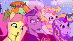 Size: 3072x1727 | Tagged: safe, screencap, dreamy (g5), flowa queen, notepad (g5), posey bloom, sundae (g5), earth pony, pony, unicorn, equestria's got talent, g5, my little pony: tell your tale, spoiler:g5, spoiler:my little pony: tell your tale, spoiler:tyts01e69, :o, clothes, female, indonesian, male, mare, open mouth, scarf, stallion, subtitles