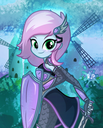 Size: 2015x2490 | Tagged: safe, artist:rjp.rammy, oc, oc:shimmer, equestria girls, g4, armor, female, high res, shield, solo, sword, weapon, windmill