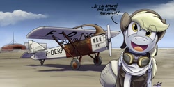 Size: 1366x683 | Tagged: safe, artist:buckweiser, derpy hooves, g4, airmail, aviator goggles, female, french, goggles, pilot, plane, smiling, solo