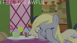Size: 1920x1080 | Tagged: safe, edit, edited screencap, editor:quoterific, screencap, derpy hooves, doctor whooves, horte cuisine, savoir fare, time turner, earth pony, pegasus, pony, g4, season 5, slice of life (episode), eyes closed, female, male, mare, mouth hold, offscreen character, solo focus, stallion, text