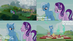 Size: 2000x1125 | Tagged: safe, edit, edited screencap, editor:quoterific, screencap, starlight glimmer, trixie, g4, student counsel, apple, apple tree, cup, female, food, picnic blanket, ponyville, sandwich, scenery, teacup, teapot, tree