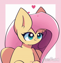 Size: 1400x1450 | Tagged: safe, artist:miryelis, fluttershy, pegasus, pony, g4, :3, animated, big ears, blushing, bust, cute, female, floating heart, gif, heart, ibispaint x, long hair, looking at you, mare, shyabetes, signature, simple background, smiling, solo