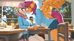 Size: 1920x1080 | Tagged: safe, artist:anthroponiessfm, scootaloo, sweetie belle, anthro, g4, 3d, blushing, classroom, clothes, eyes closed, female, kiss on the lips, kissing, lesbian, looking at someone, older, older scootaloo, older sweetie belle, school, school uniform, schoolgirl, ship:scootabelle, shipping, skirt, source filmmaker, surprised