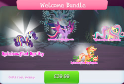 Size: 1262x860 | Tagged: safe, gameloft, applejack, fluttershy, rarity, twilight sparkle, alicorn, earth pony, pegasus, pony, g4, my little pony: magic princess, official, applejack's hat, bow, bundle, collection, costs real money, cowboy hat, english, female, hair bow, hat, horn, mare, mobile game, numbers, rainbow power, rainbow power-ified, spread wings, tail, tail bow, text, twilight sparkle (alicorn), wings