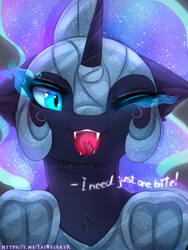 Size: 1125x1500 | Tagged: safe, artist:taiweiart, nightmare moon, alicorn, pony, g4, blue eyes, blue hair, blue mane, bust, chest fluff, colored pupils, cute, digital art, ethereal mane, eyeshadow, fangs, female, helmet, hooves, horn, looking at you, makeup, mare, moonabetes, moonlight, nicemare moon, night, one eye closed, open mouth, open smile, peytral, portrait, signature, smiling, smiling at you, solo, starry mane, stars, talking, talking to viewer, teeth, wink