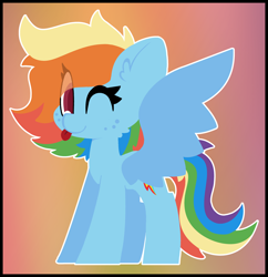 Size: 3750x3878 | Tagged: safe, artist:moonydusk, rainbow dash, pegasus, pony, g4, ;p, alternate hairstyle, ear fluff, eye clipping through hair, female, freckledash, freckles, gradient background, high res, lineless, mare, one eye closed, spread wings, standing, tongue out, wings, wink