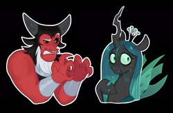 Size: 1926x1266 | Tagged: safe, artist:switchsugar, lord tirek, queen chrysalis, centaur, changeling, changeling queen, taur, g4, black background, bust, duo, female, grimace, holes in wings, male, mare, outline, simple background, sweat, sweatdrop, white outline, wide eyes