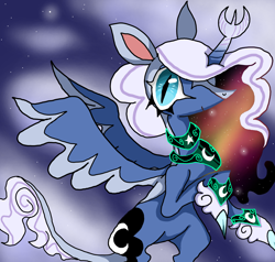 Size: 1686x1603 | Tagged: safe, artist:queen lightfury, princess luna, alicorn, pony, g4, alternate design, blaze (coat marking), cloven hooves, coat markings, colored hooves, colored pinnae, colored tail, colored wings, colored wingtips, coronet (coat marking), cuffs (clothes), curved horn, ethereal mane, facial markings, female, forked horn, gradient horn, horn, leonine tail, mare, peytral, raised hoof, simple background, slit pupils, solo, spread wings, tail, white-haired luna, wings
