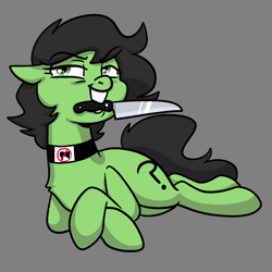 Size: 2000x2000 | Tagged: safe, artist:vodkamewtwoni, oc, oc:censy, oc:filly anon, earth pony, pony, choker, collar, female, filly, grimcute, grin, high res, knife, lying down, mare, mouth hold, smiling, smug, solo