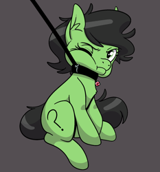 Size: 1400x1500 | Tagged: safe, artist:vodkamewtwoni, oc, oc:censy, oc:filly anon, earth pony, pony, choker, collar, female, filly, leash, mare, one eye closed, pony pet, pulling, solo