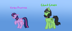 Size: 4880x2140 | Tagged: safe, artist:nootaz, twilight sparkle, oc, oc:censy, oc:filly anon, alicorn, earth pony, pony, g4, chad, confident, female, filly, gradient background, mare, meme, twilight sparkle (alicorn), virgin, virgin walk