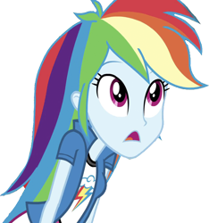 Size: 2362x2520 | Tagged: safe, edit, edited screencap, editor:mrtoonlover83, screencap, rainbow dash, human, equestria girls, g4, background removed, breasts, bust, clothes, collar, female, hair, high res, leaning, looking up, not a vector, open mouth, shirt, simple background, skirt, solo, t-shirt, talking, teenager, transparent background